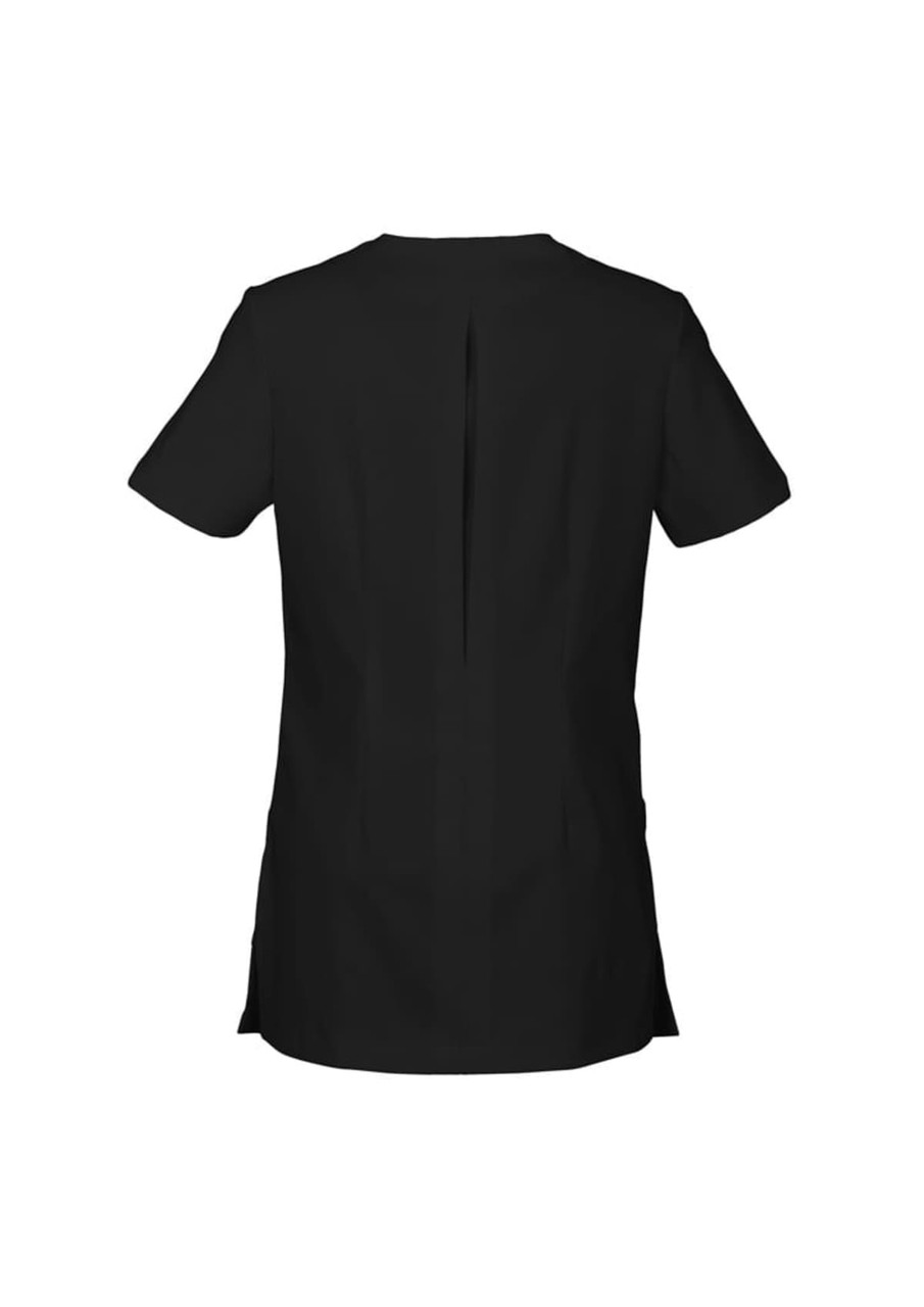 A black women's tunic with short sleeves and a back slit, featuring a simple and sleek design.
