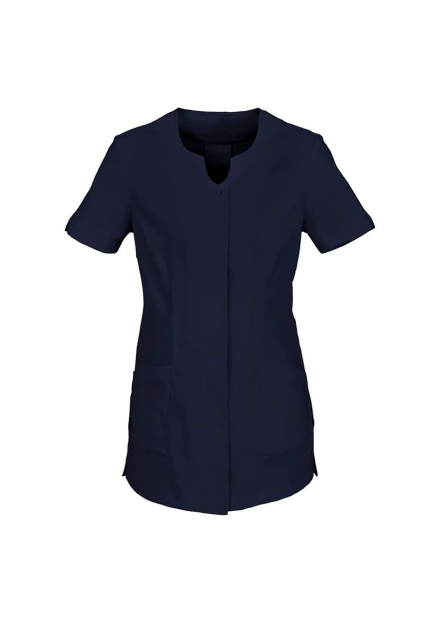 A navy blue women's tunic with short sleeves and side pockets, featuring a rounded neckline and a minimalist design.