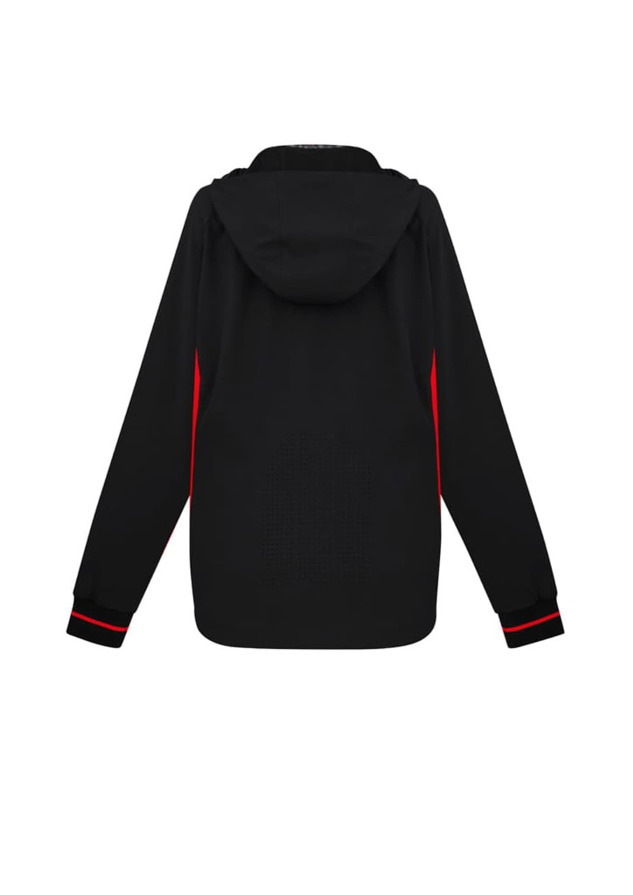 A black ladies jacket featuring red accents and a hood. It has a logo on the back.