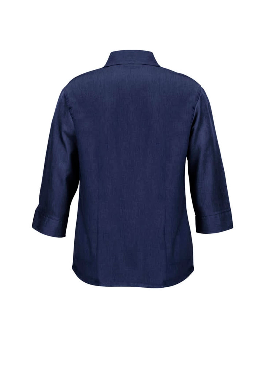 A navy blue ladies' shirt with 3/4 sleeves and a collar, featuring a logo on the back.