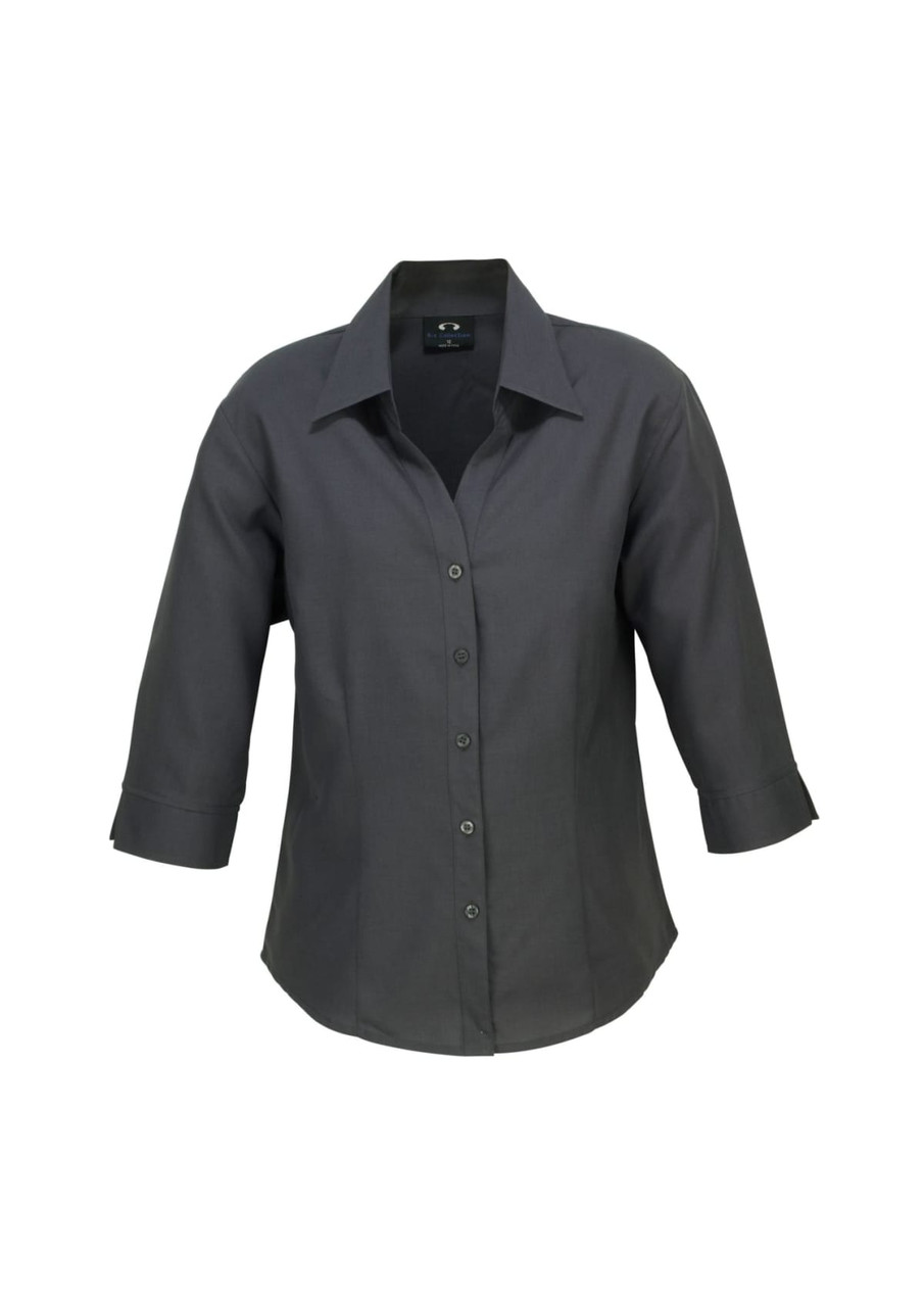 A grey women's 3/4 sleeve shirt with a collared neckline and button-down front. It features a branding logo.