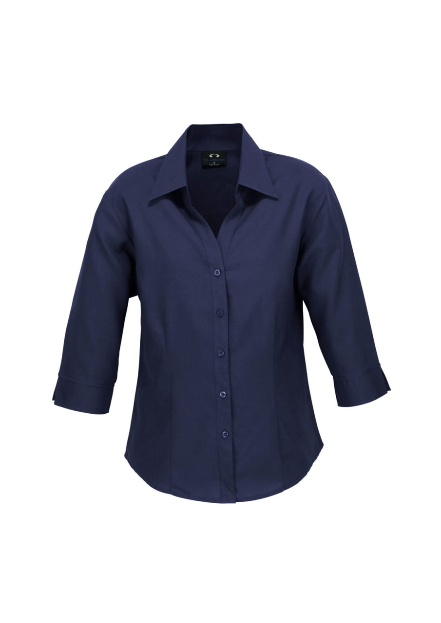 A women's navy 3/4 sleeve shirt with a front button closure and a collar, featuring a logo.