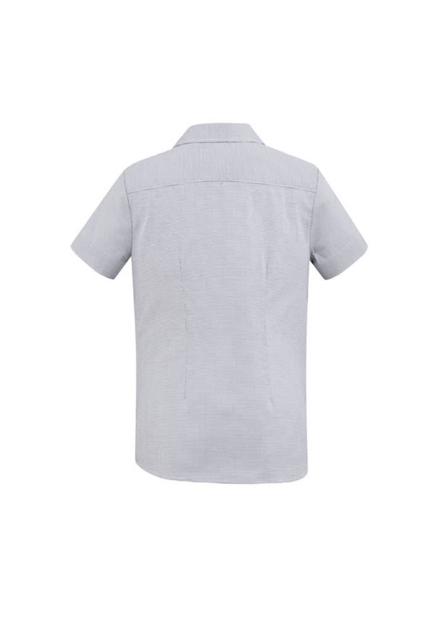 A short-sleeve women's button-up shirt in grey with a collared neckline and back seam detail. Features a logo.