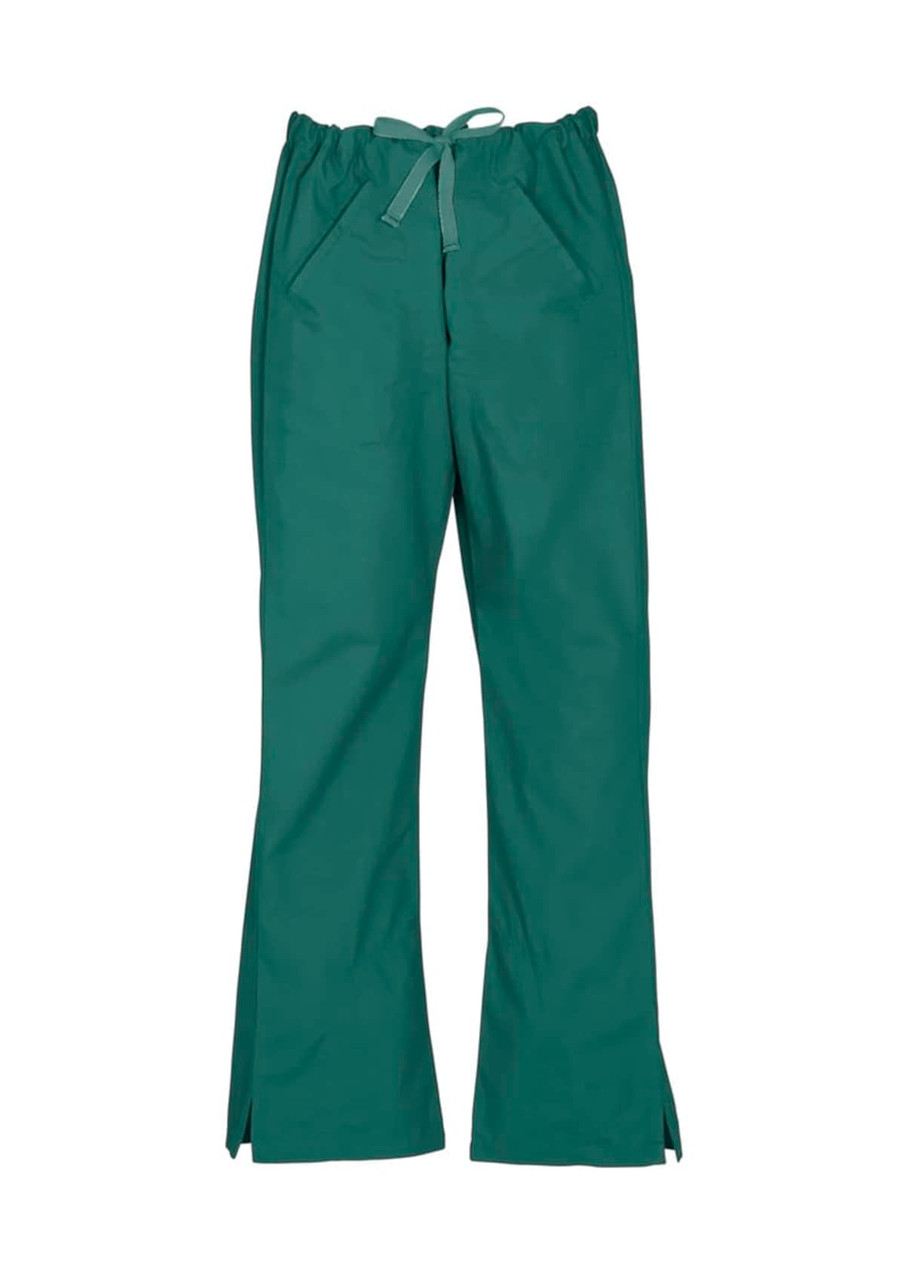 Classic women's bootleg scrub pants in a teal colour, featuring a drawstring waist and side slits, with pockets.