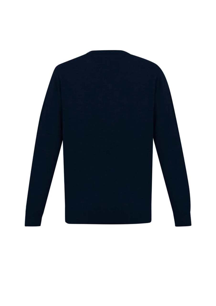 A navy blue mens knit pullover with long sleeves and a crew neck design. Features a logo on the back.