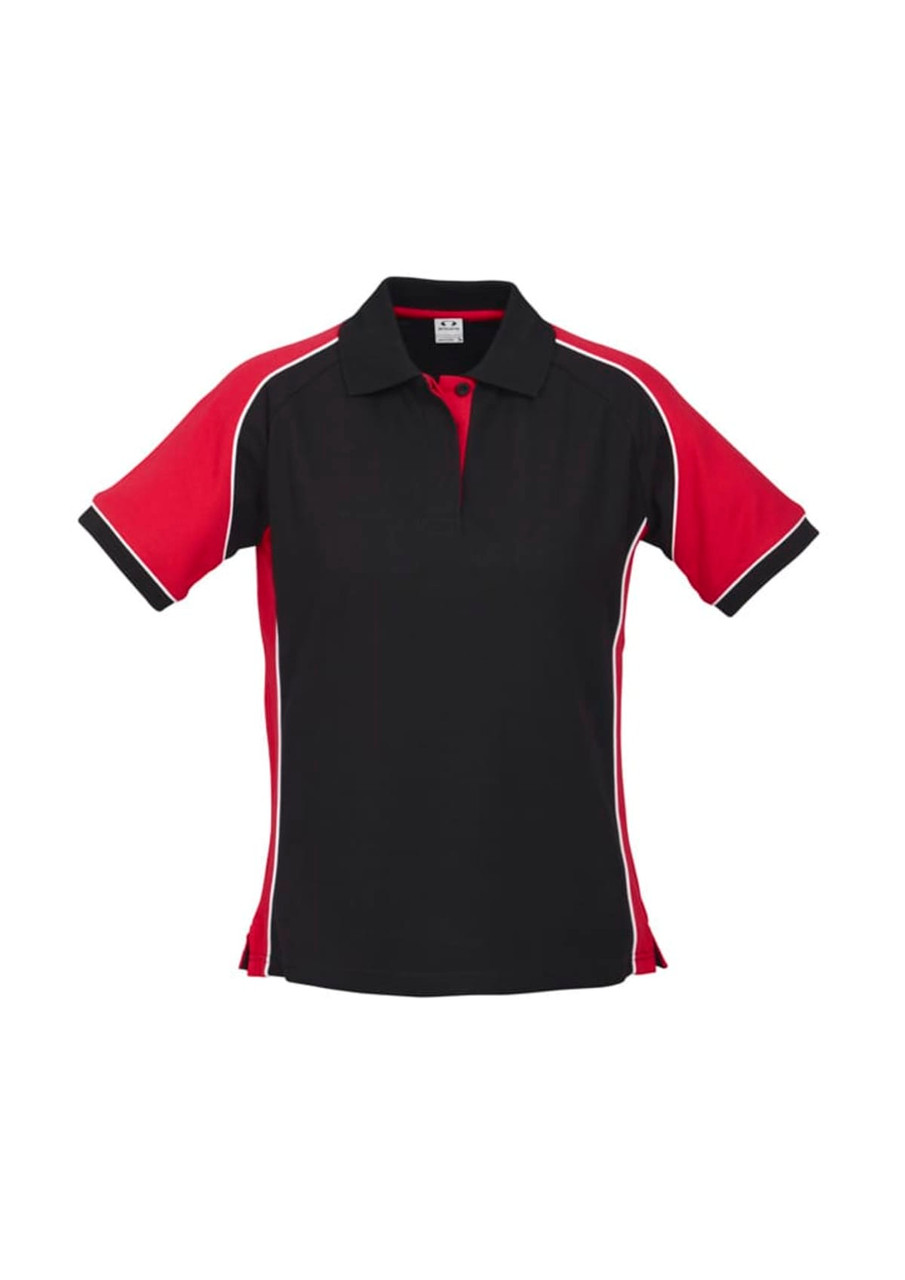 A black and red women's short sleeve polo shirt featuring a logo and contrasting trim.