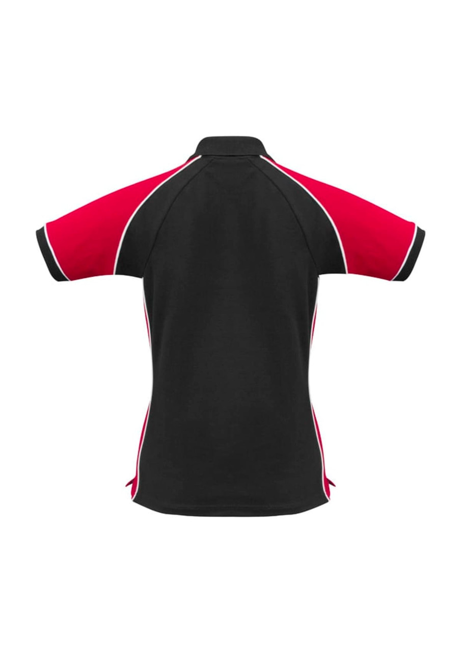 A women's short sleeve polo in black with red and white accents. Features a logo on the front.