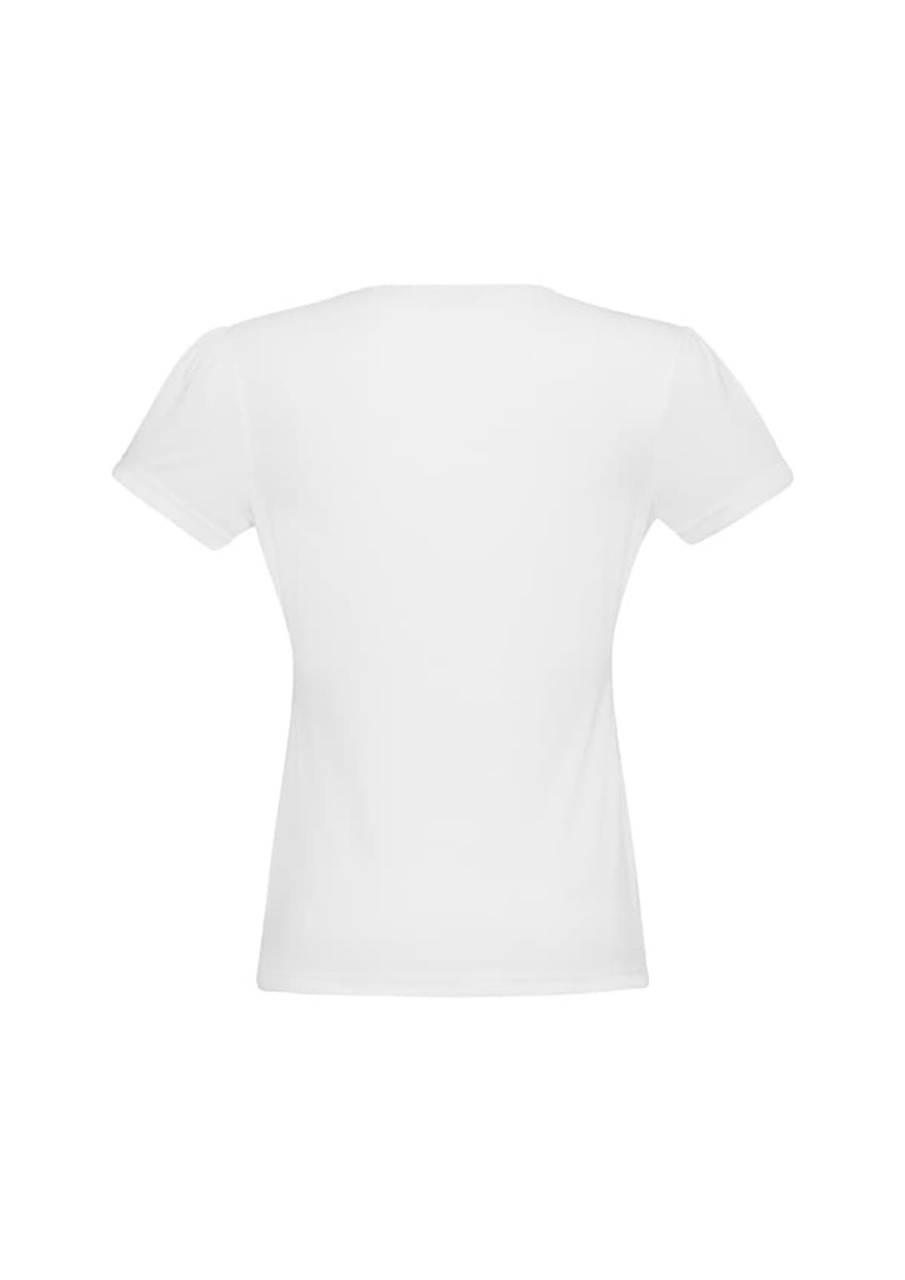 A white women's chic top featuring short sleeves and a fitted design. The back view highlights its simple style.