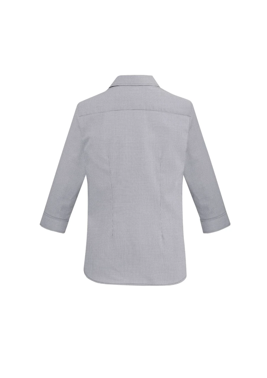A grey women's Jagger 3/4 sleeve button-up shirt with a classic collar and back yoke. It features a logo.