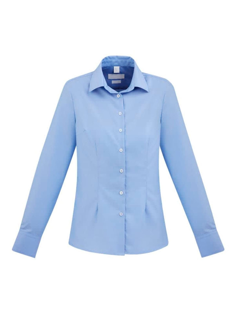 A light blue women's button-up shirt with long sleeves and a collar, featuring front buttons.