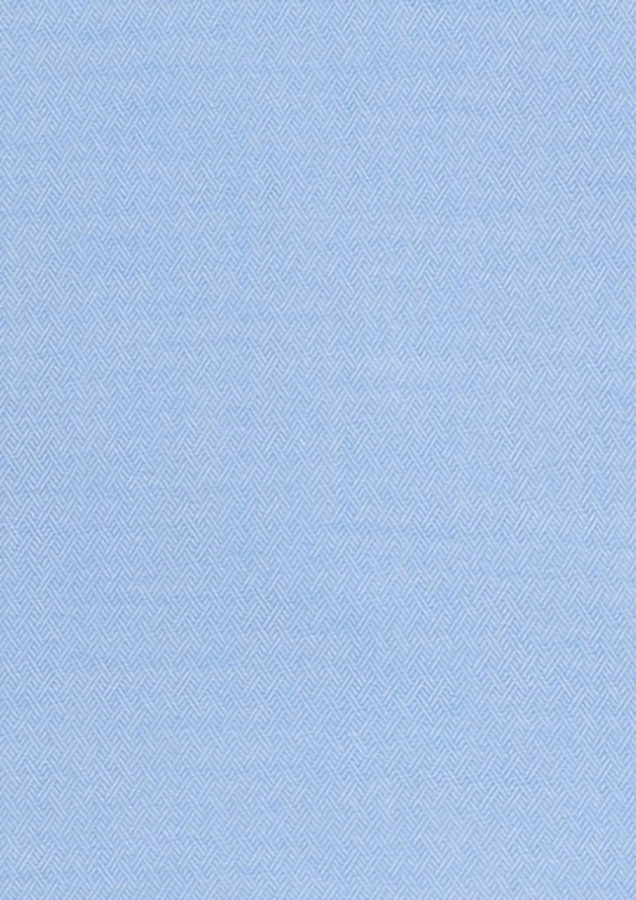 A light blue fabric with a textured herringbone pattern, suitable for a button-up shirt. Features a logo.