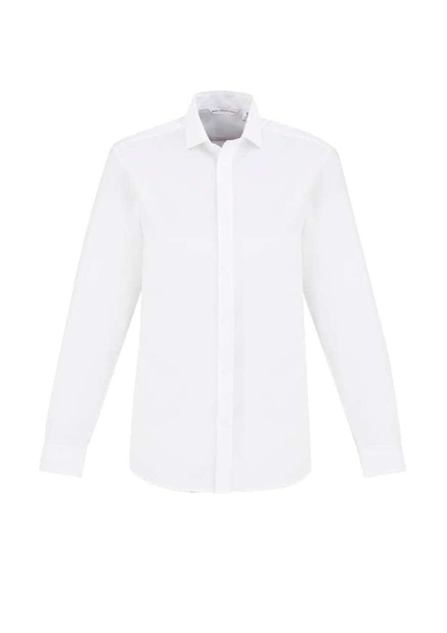 A white men's button-up shirt with a long sleeve and a collar, featuring a logo on the chest.