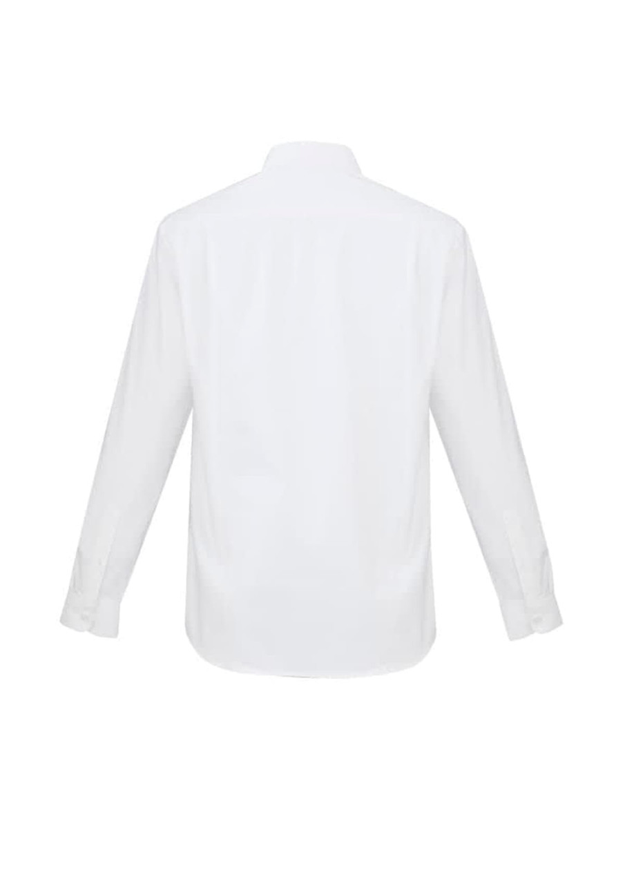 A white long sleeve button-up shirt featuring a collar and button cuffs, with a plain back design and a logo.