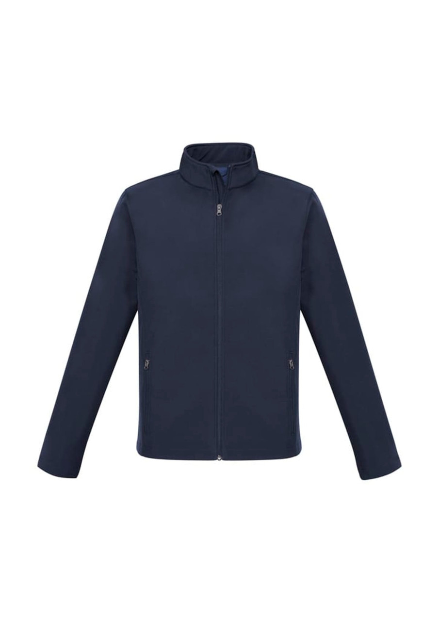 A navy jacket with a zip front, long sleeves, and side pockets. It features a branding logo.