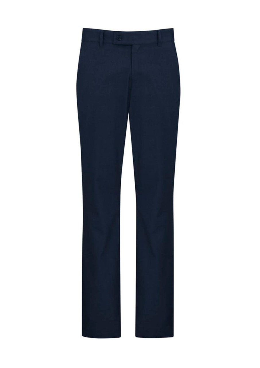 A pair of navy men's slacks with a straight leg design and a waistband featuring a button and zipper.