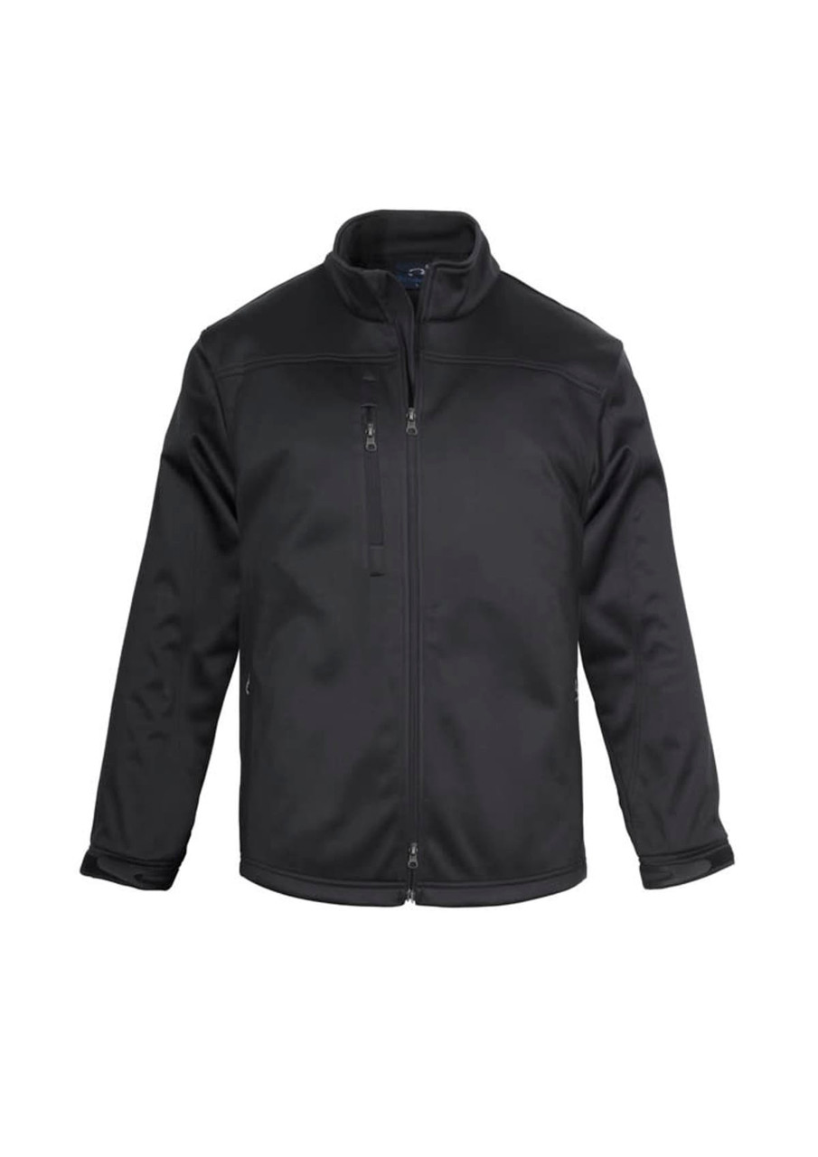 A black men's softshell jacket featuring a full front zipper, stand collar, and multiple pockets.