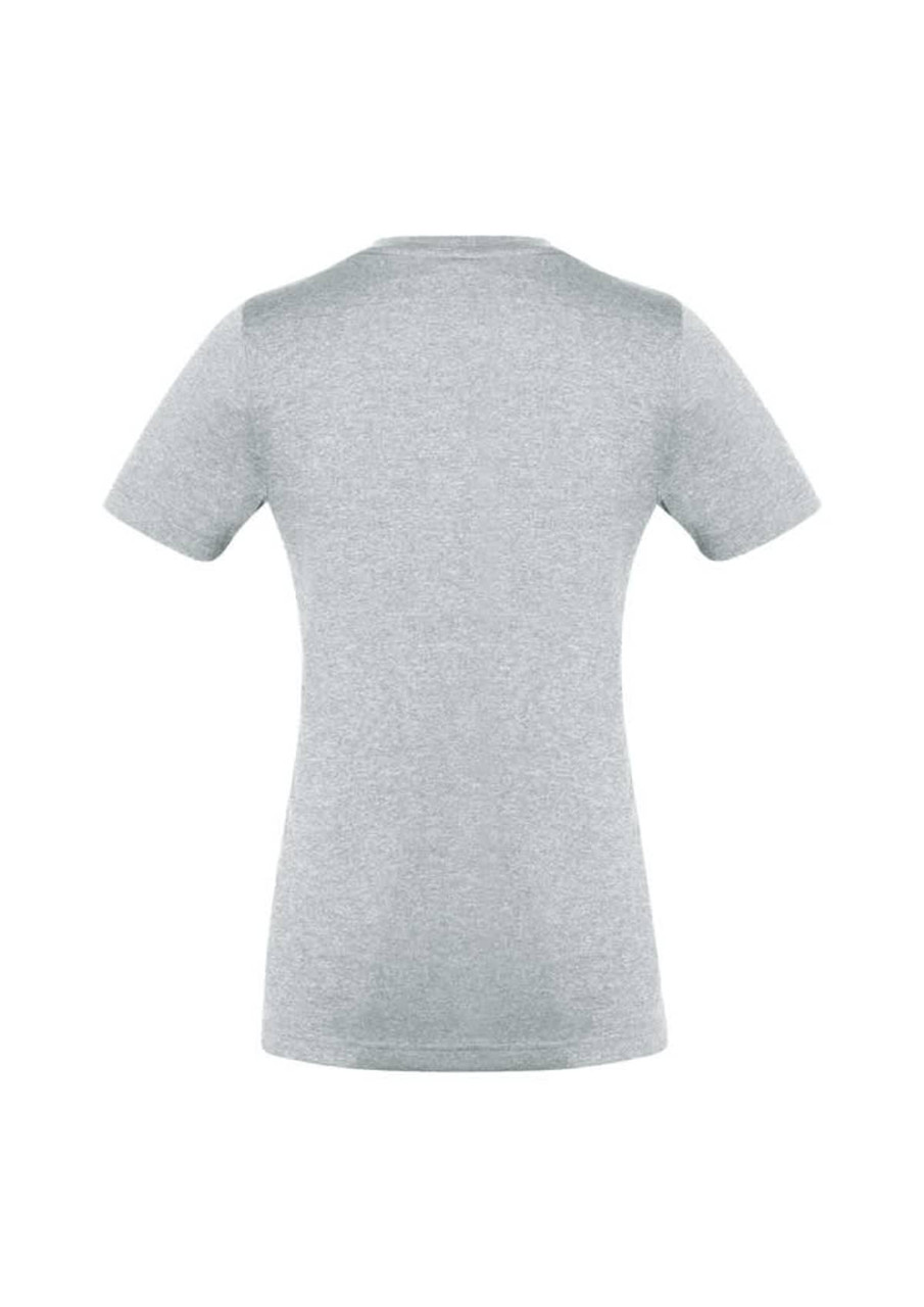 A grey women's short sleeve T-shirt with a fitted design and a logo on the back.
