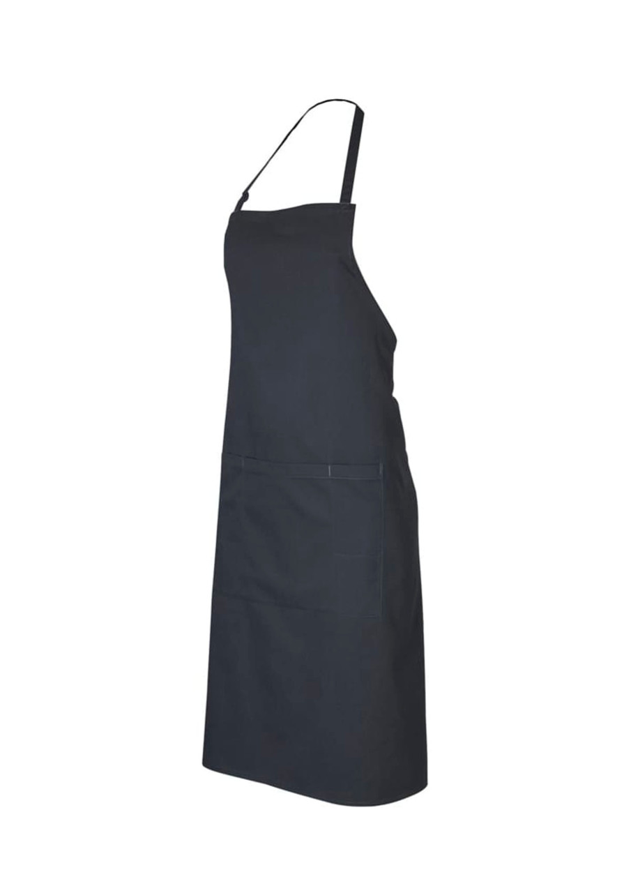 A dark grey bib apron with adjustable straps and a front pocket, featuring a logo on the fabric.