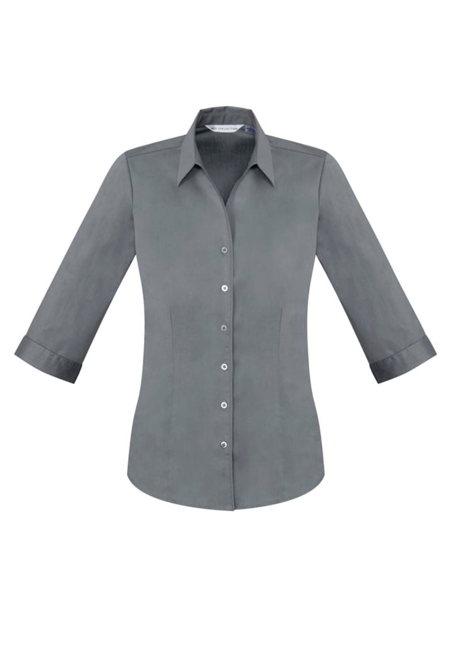 A grey ladies' 3/4 sleeve button-up shirt with a collar and a branded logo.