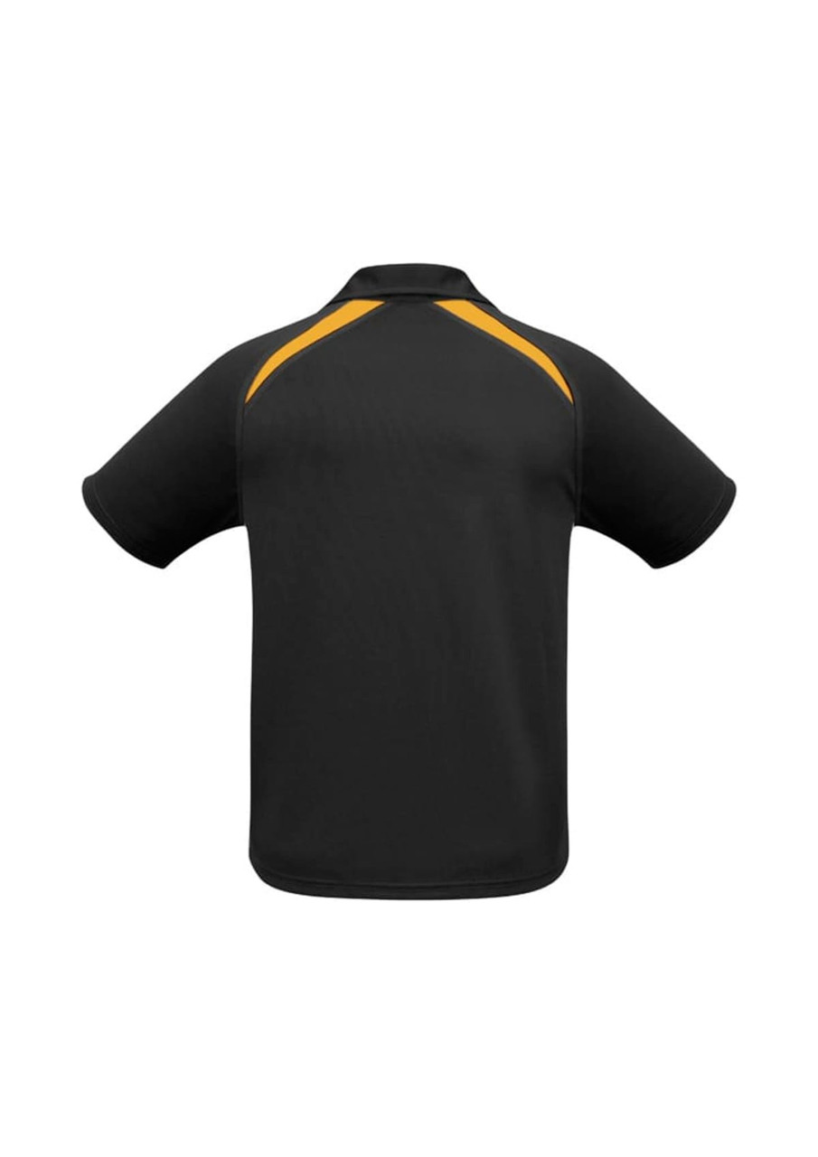 A black short sleeve polo shirt featuring yellow splice detailing and a logo on the front.