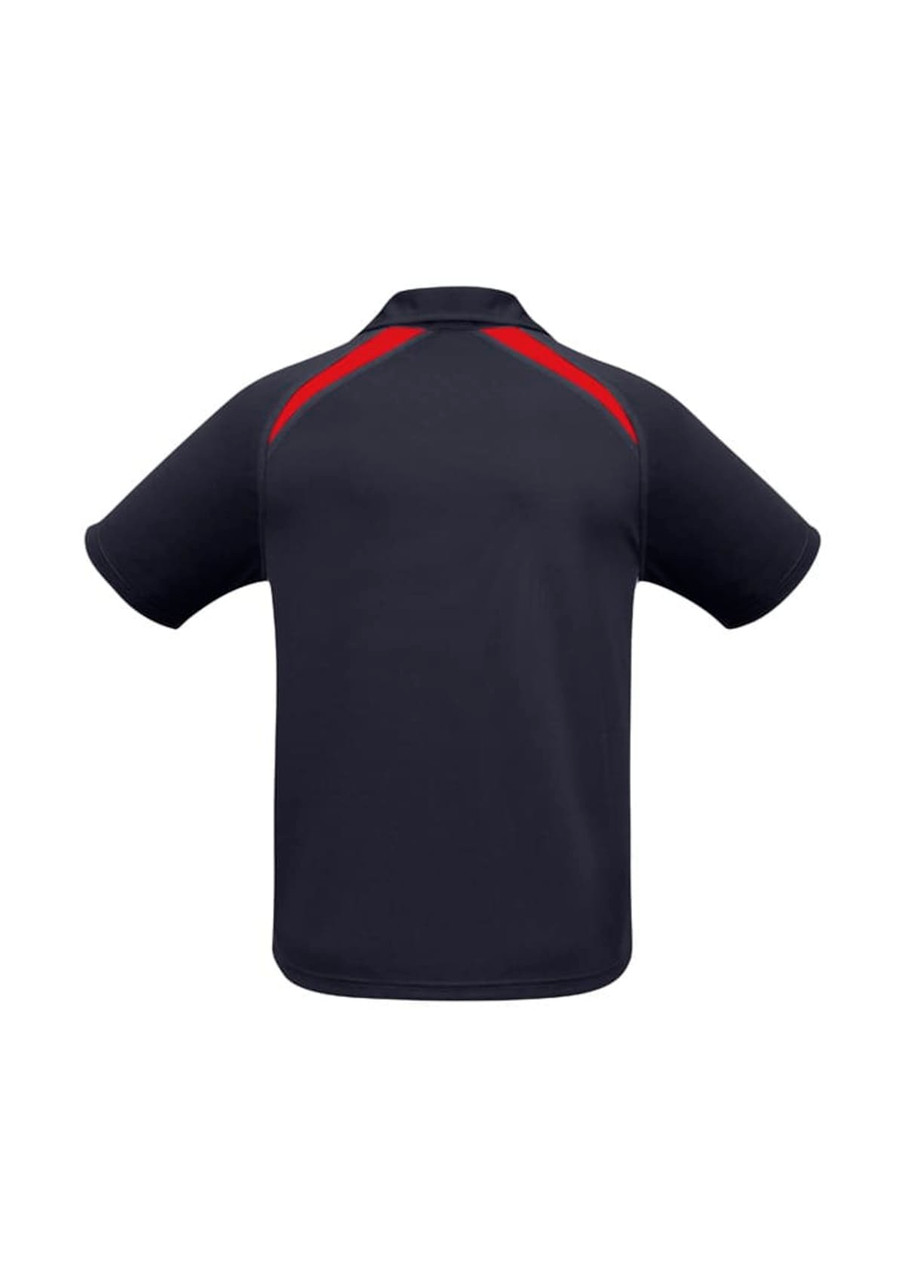 A short sleeve polo shirt in navy blue with red accents and a logo on the back.