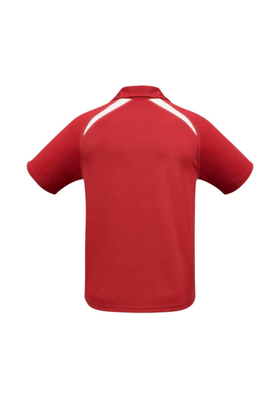 A red short sleeve polo shirt featuring white accents and a logo. Suitable for kids.