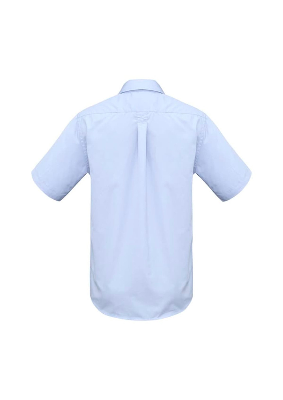 A light blue men's short sleeve button-up shirt with a back pleat and a logo.