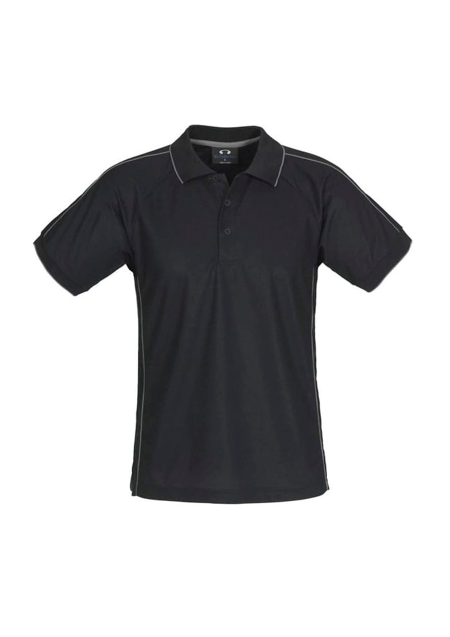 A black men's short sleeve polo shirt featuring contrasting trim and a collar. It has a logo on the front.