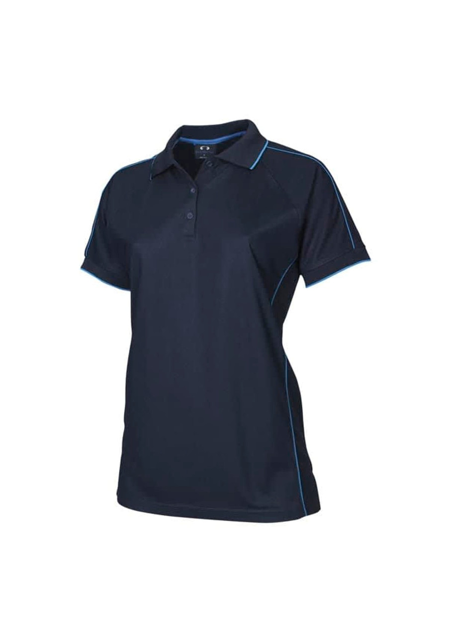 A navy short sleeve polo shirt featuring light blue trim and a logo on the chest.