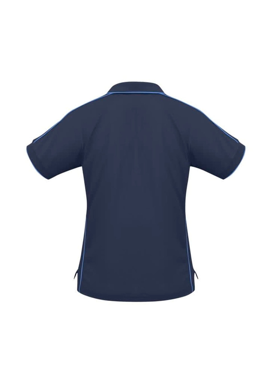 A navy women's polo shirt with short sleeves and a subtle branding design.