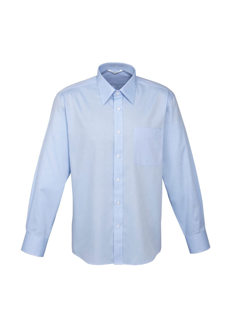 A light blue long sleeve button-up shirt with a single chest pocket and a subtle logo.