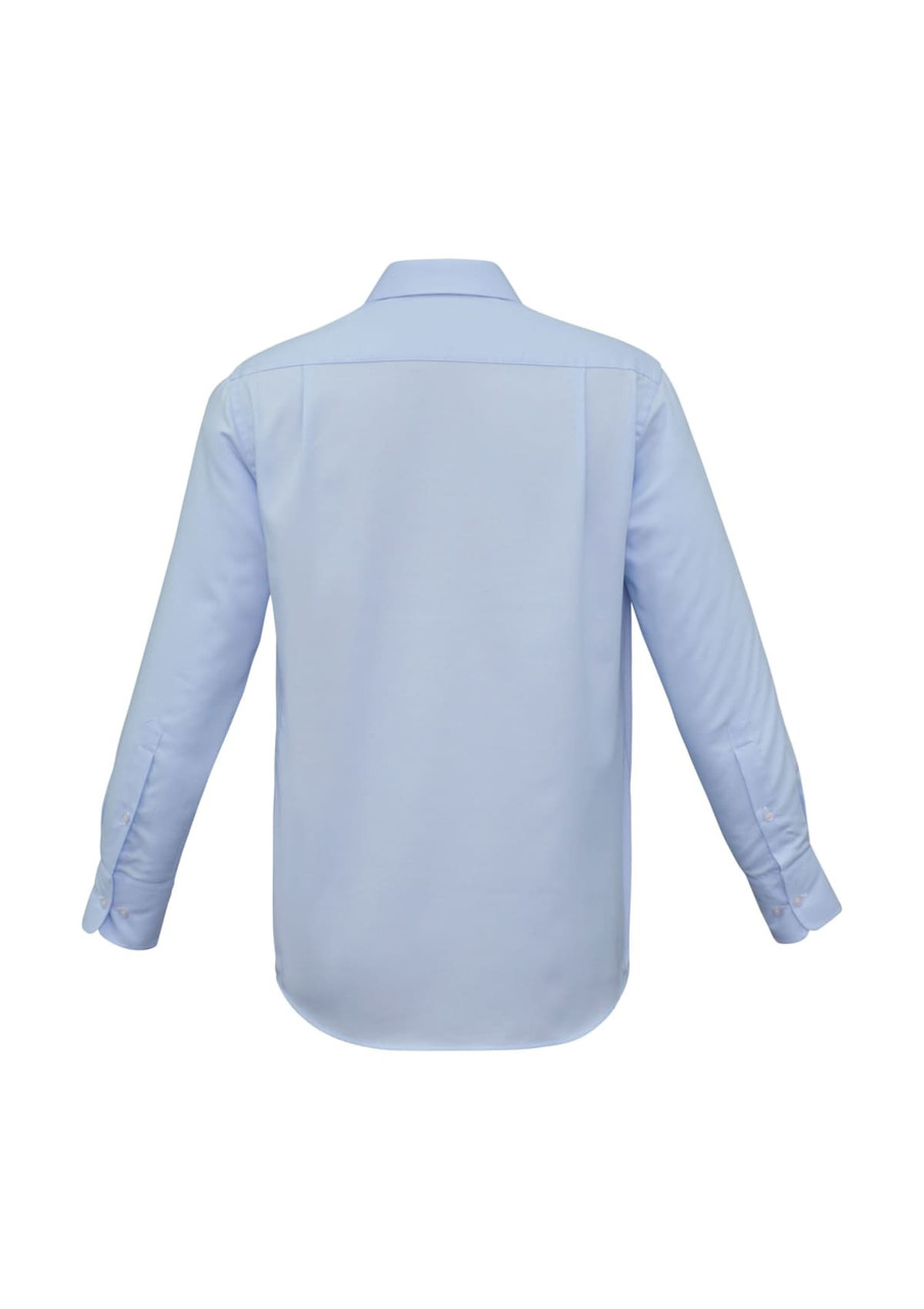 A light blue men's long sleeve button-up shirt featuring a collar and a plain design with a logo on the back.