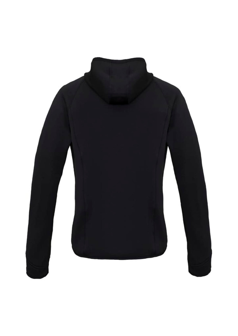 A black women's stealth puffer jacket with a hood, featuring a branded logo.