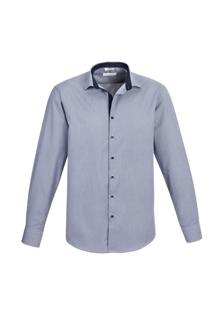 A long sleeve button-up shirt featuring a light blue and navy design with a subtle pattern and a branded collar.