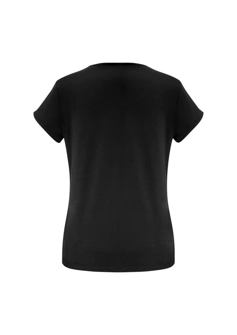 A black women's short sleeve top with a classic round neckline and a fitted silhouette. Includes a branding logo.
