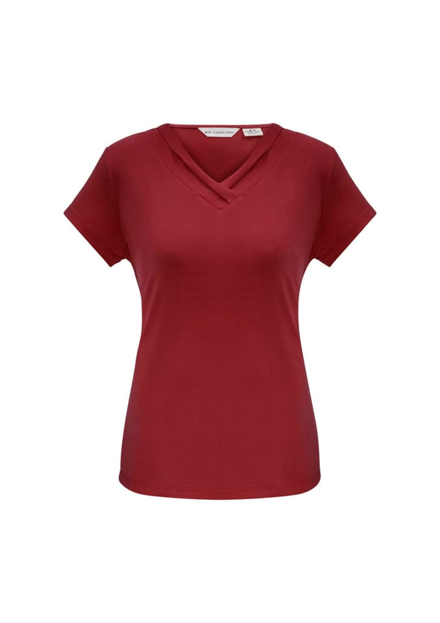 A maroon women's short sleeve top with a crossover neckline, featuring a logo on the label.