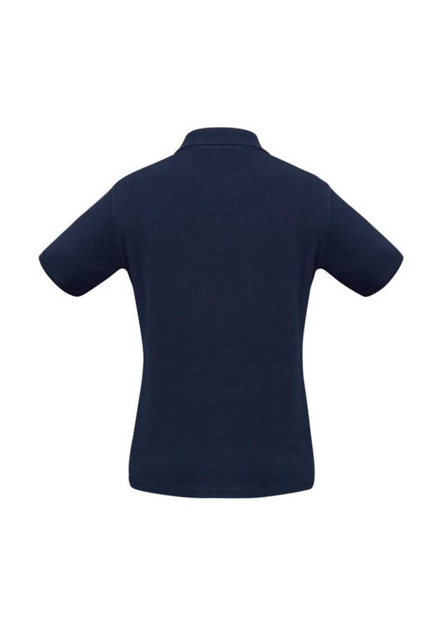 A navy short sleeve polo shirt with a classic collar and a logo at the neck.
