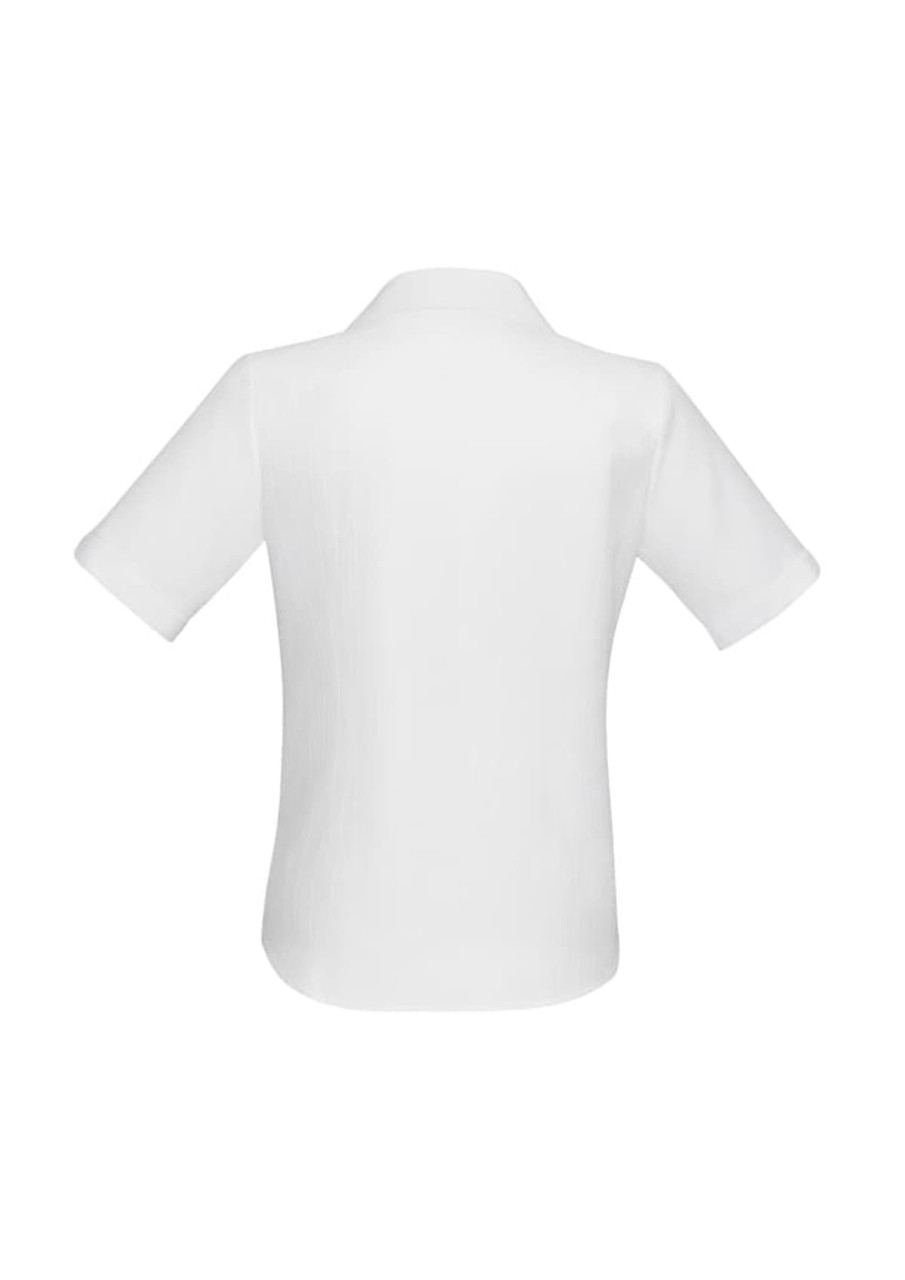 A white women's button-up short sleeve shirt with a classic collar and a logo on the back.