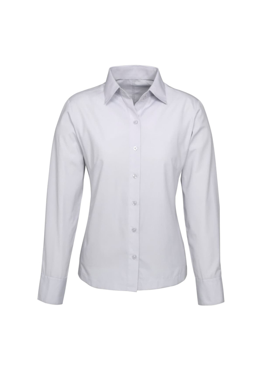 A long sleeve button-up shirt in light grey, featuring a collar and a front placket with buttons. It has a logo.