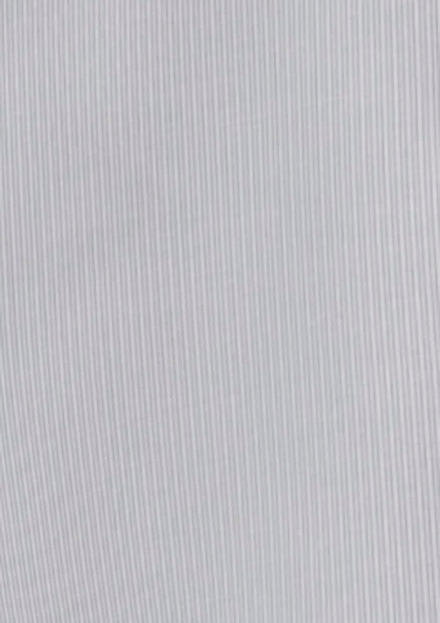 A short sleeve women's button-up shirt in a light grey striped pattern, featuring a logo on the chest.