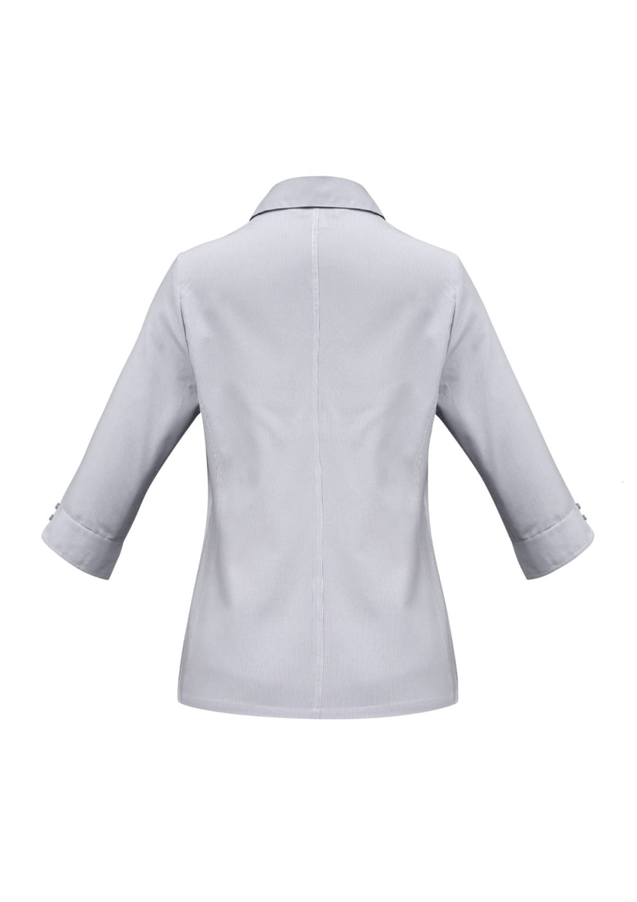 A light grey women's button-up shirt with 3/4 sleeves and a collar, featuring button details on the cuffs and a back seam.