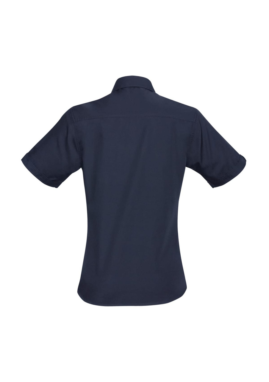 A navy short sleeve button-up shirt with a fitted design and back yoke detail. Features a subtle logo.