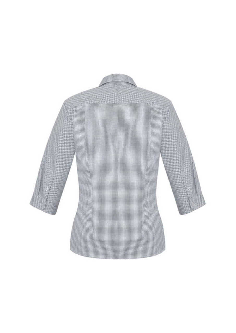 A women's 3/4 sleeve button-up shirt in a classic checked pattern, featuring a fitted silhouette and a collar.