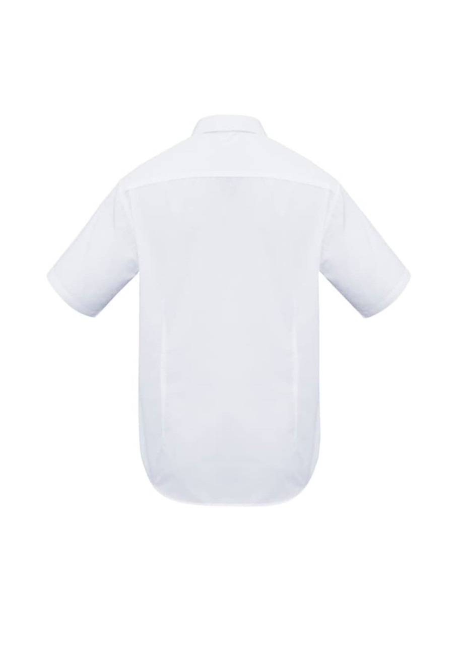 A white short sleeve button-up shirt with a plain back design and logo branding.