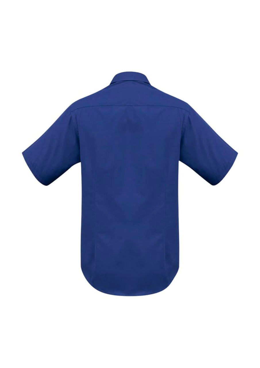 A men's short sleeve button-up shirt in navy blue, featuring a smooth back design and a collar.