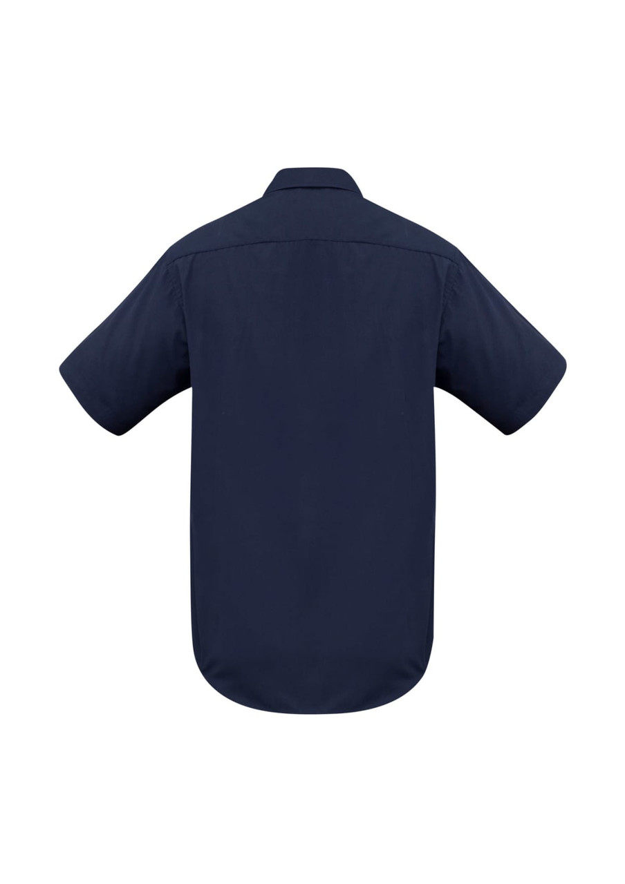 A navy short sleeve button-up shirt with a smooth back design and no visible logos.