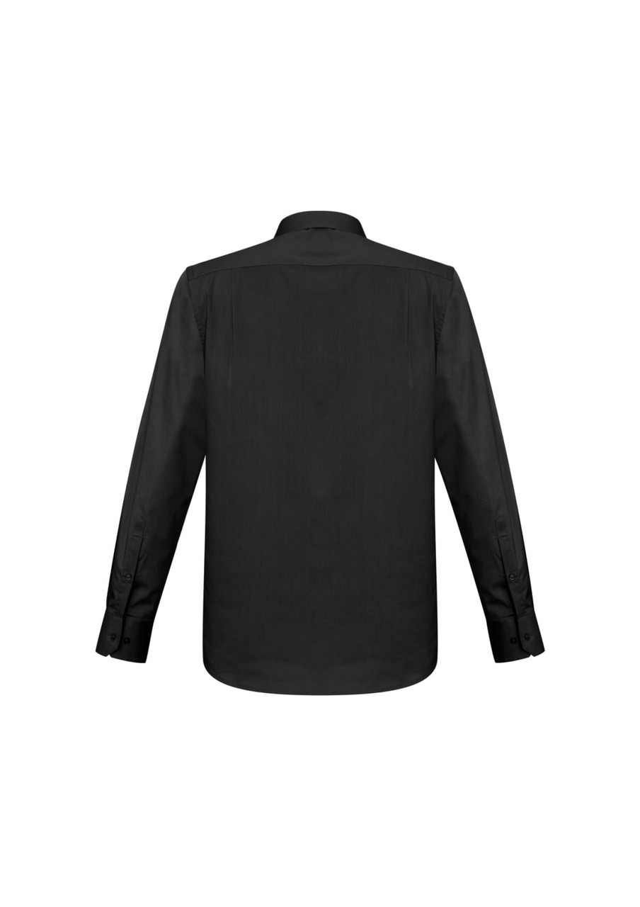 A black long sleeve button-up shirt with a classic collar and buttoned cuffs, featuring a logo on the back.