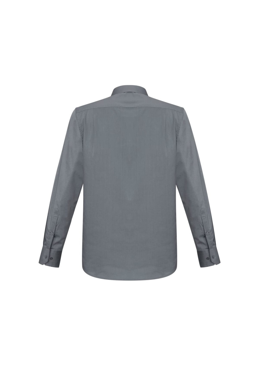 A grey long sleeve button-up shirt featuring a back view and a logo on the collar.