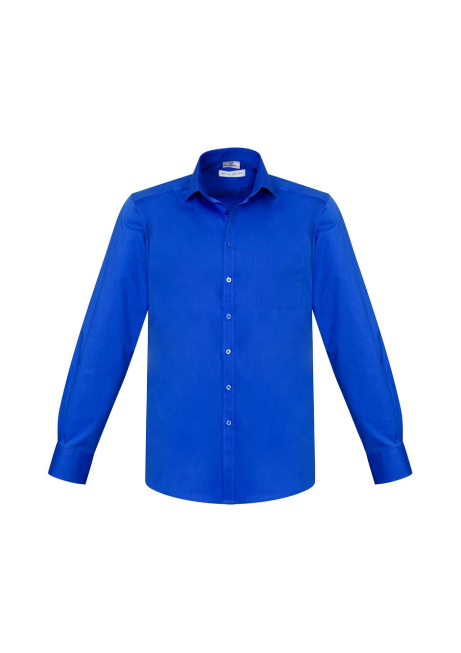 A vibrant blue long sleeve button-up shirt with a single pocket and a collar, featuring branded details.