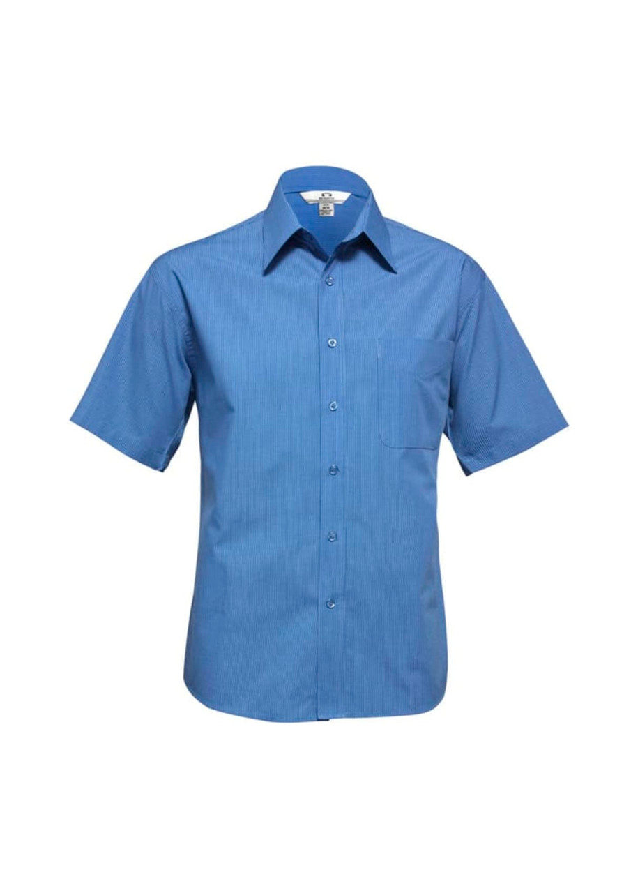 A blue short sleeve button-up shirt featuring a micro check pattern and a chest pocket. It has a logo on the label.